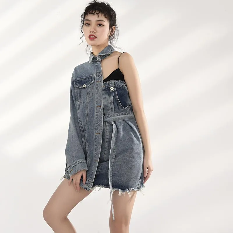 Ichika One Sided Long Sleeve Denim Jacket Dress Set