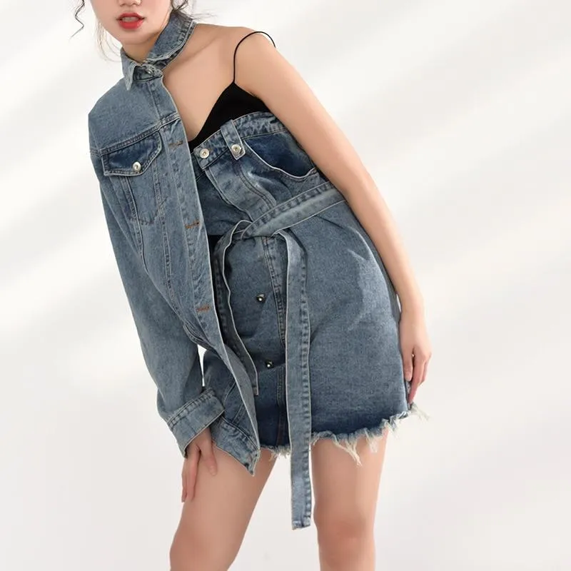 Ichika One Sided Long Sleeve Denim Jacket Dress Set