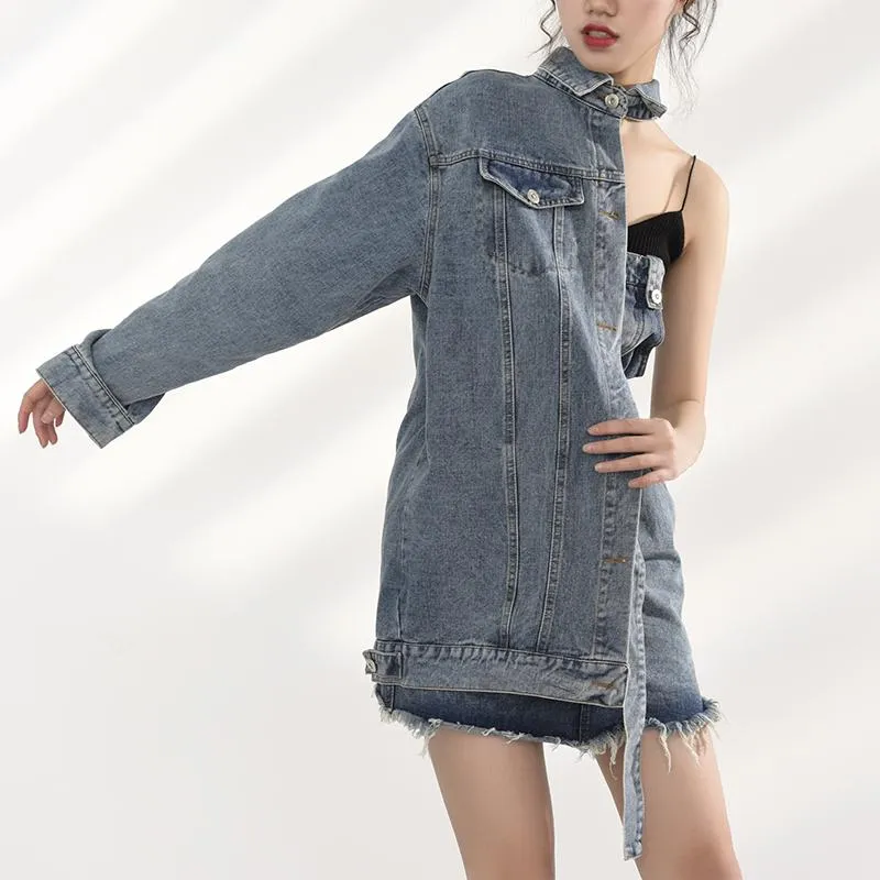 Ichika One Sided Long Sleeve Denim Jacket Dress Set