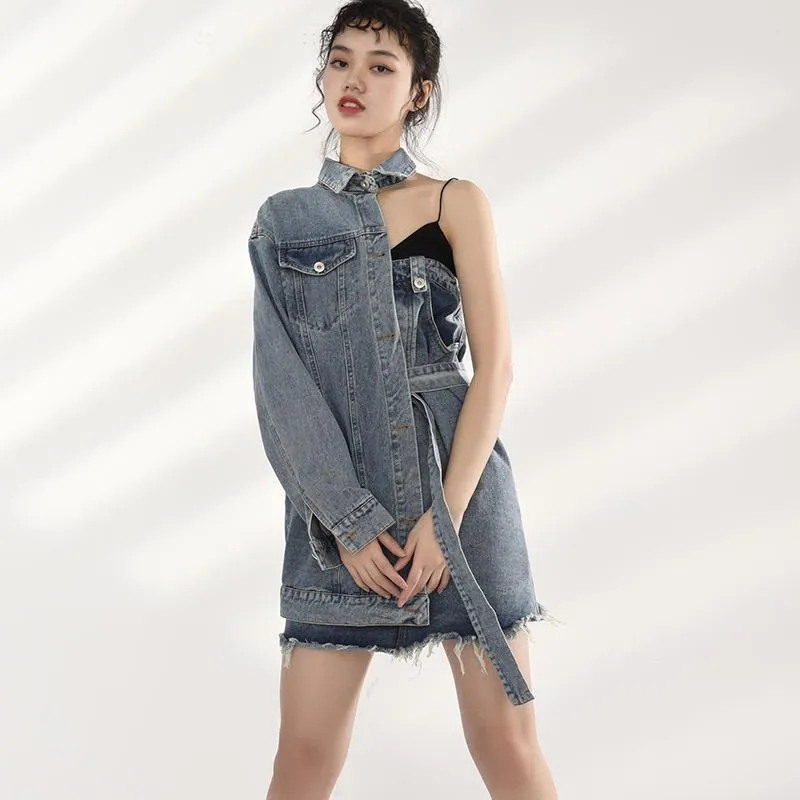 Ichika One Sided Long Sleeve Denim Jacket Dress Set