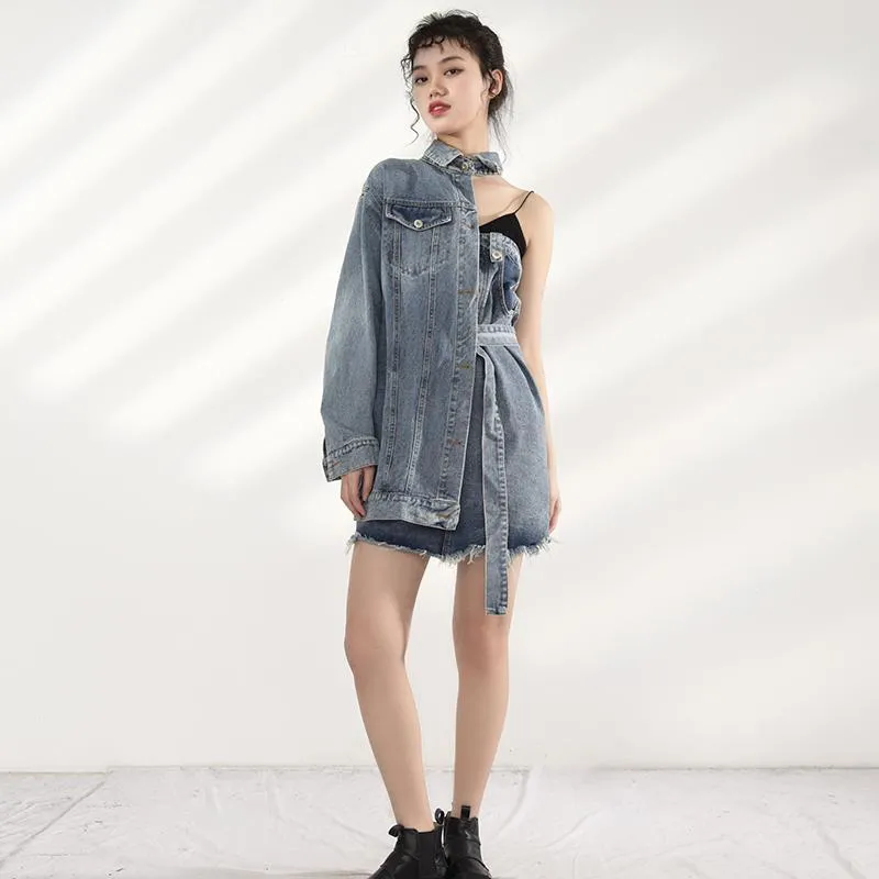 Ichika One Sided Long Sleeve Denim Jacket Dress Set