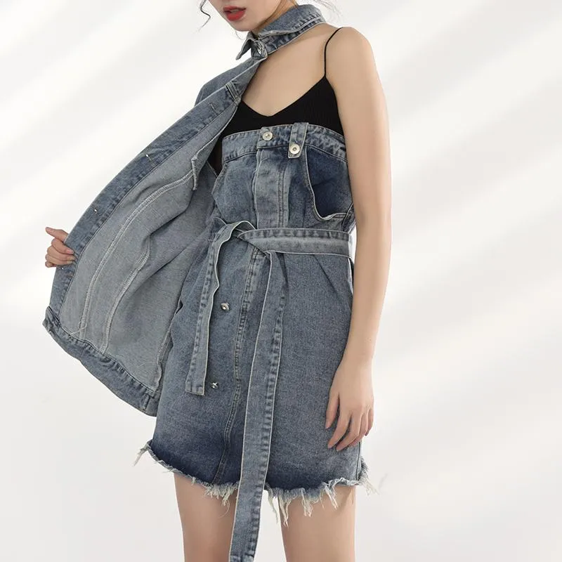 Ichika One Sided Long Sleeve Denim Jacket Dress Set