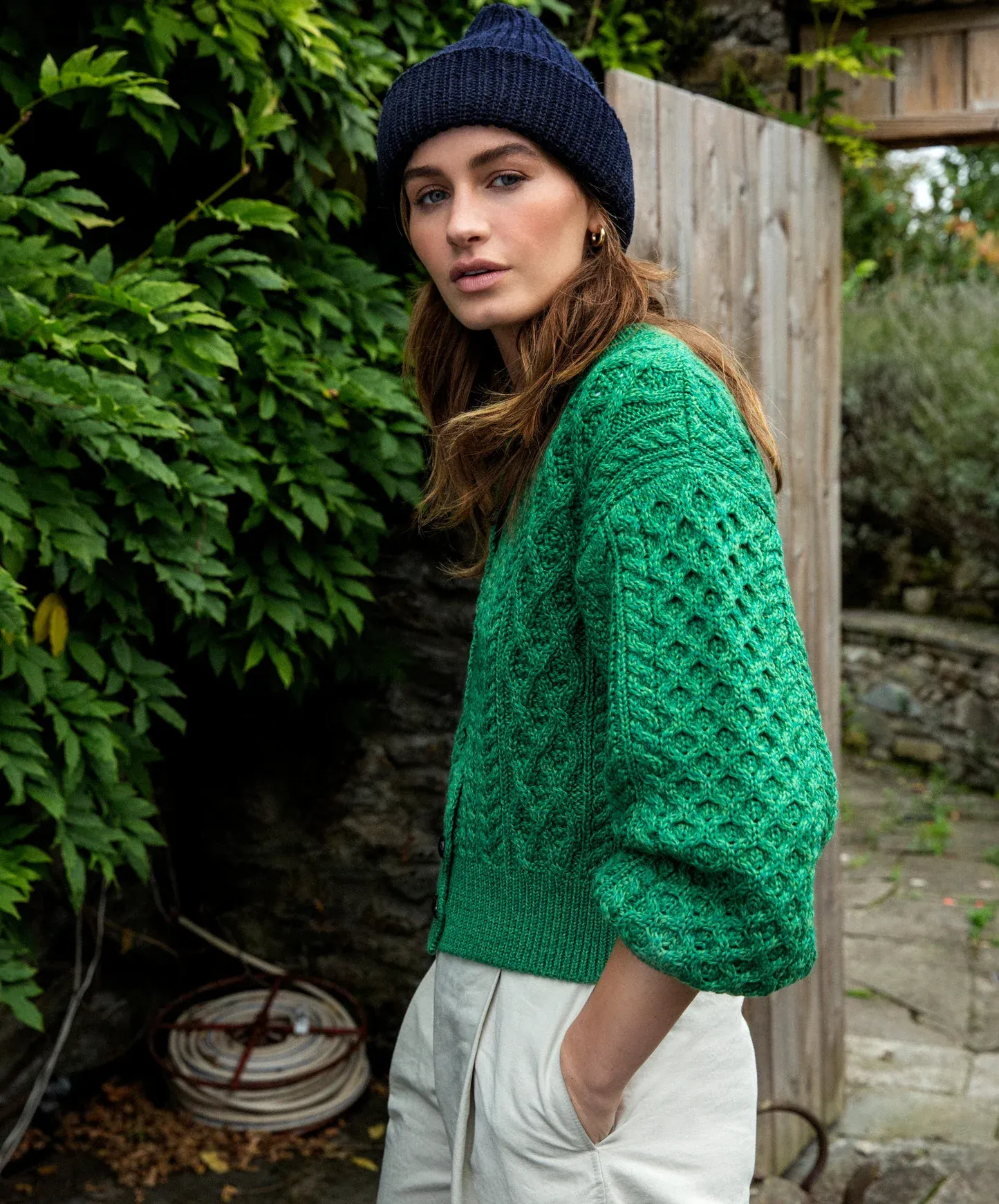 Irelands Eye Clover Cropped Aran Cardigan Green