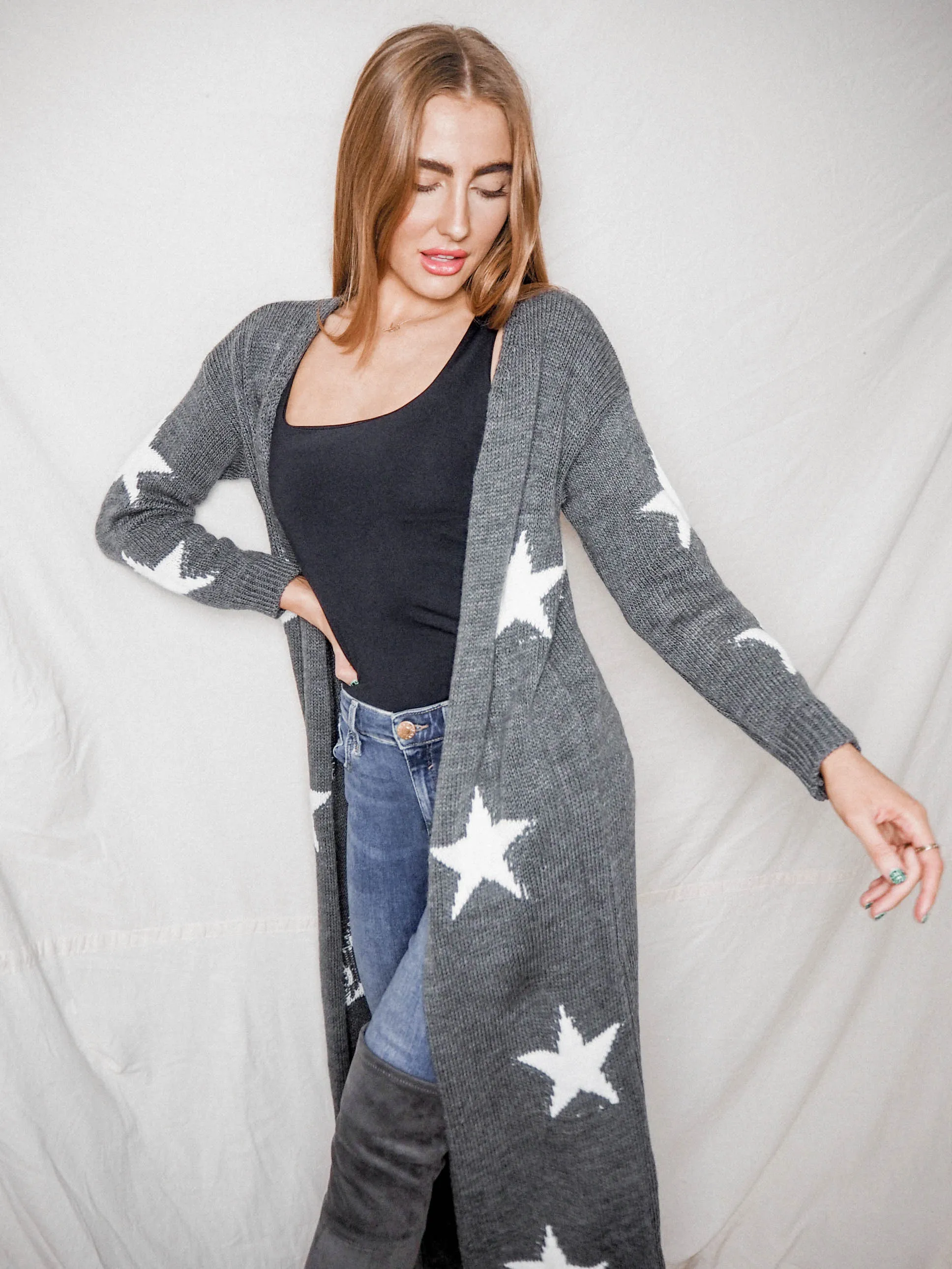 Kaia Star Print Long Cardigan / Grey & White