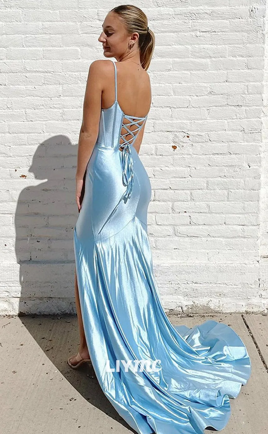 LP1905 - Simple V Neck Mermaid Blue Long Prom Dress, Blue Long Evening Dress