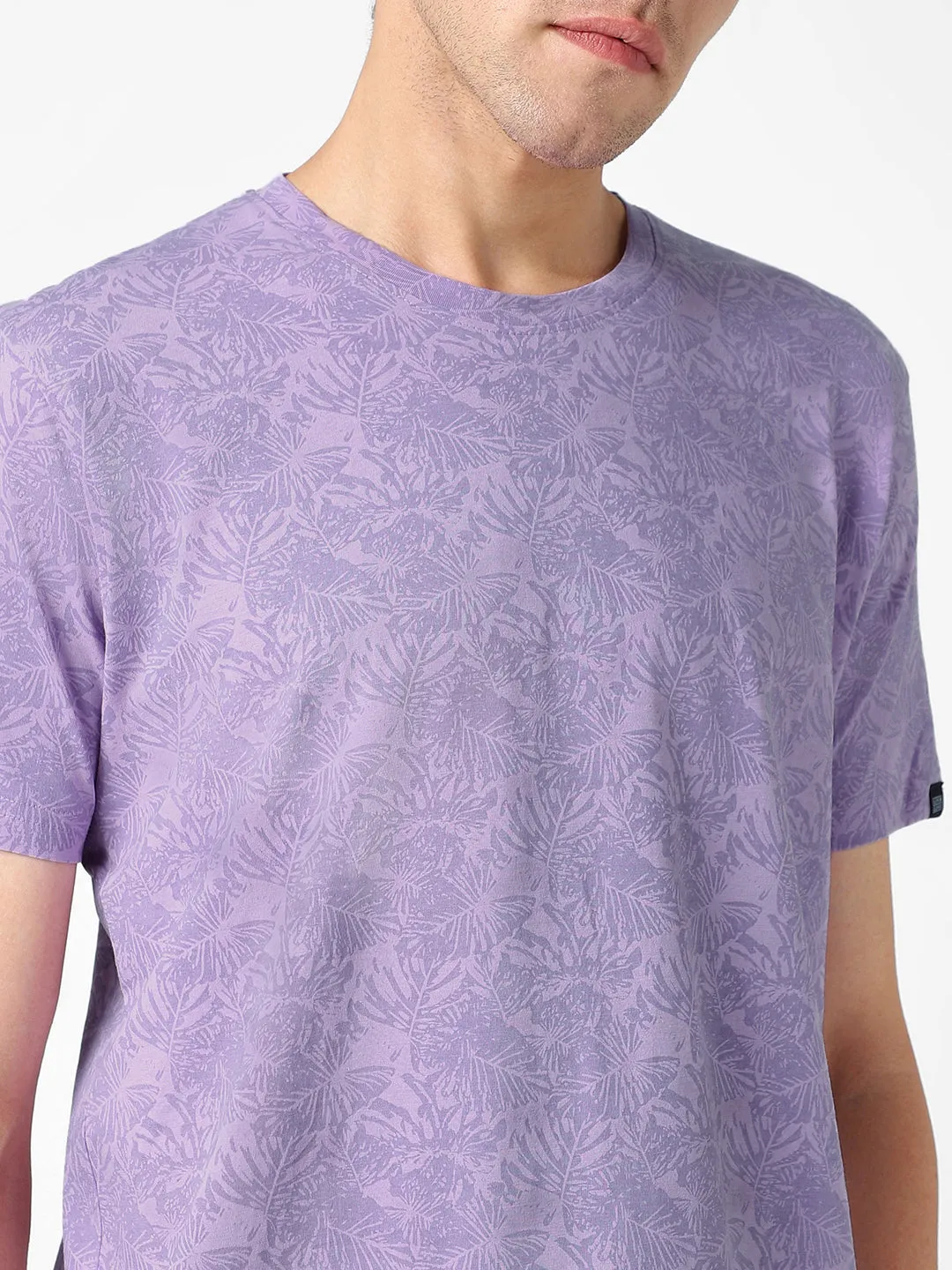 Men's Lilac Printed Half Sleeve Slim Fit Cotton T-Shirt