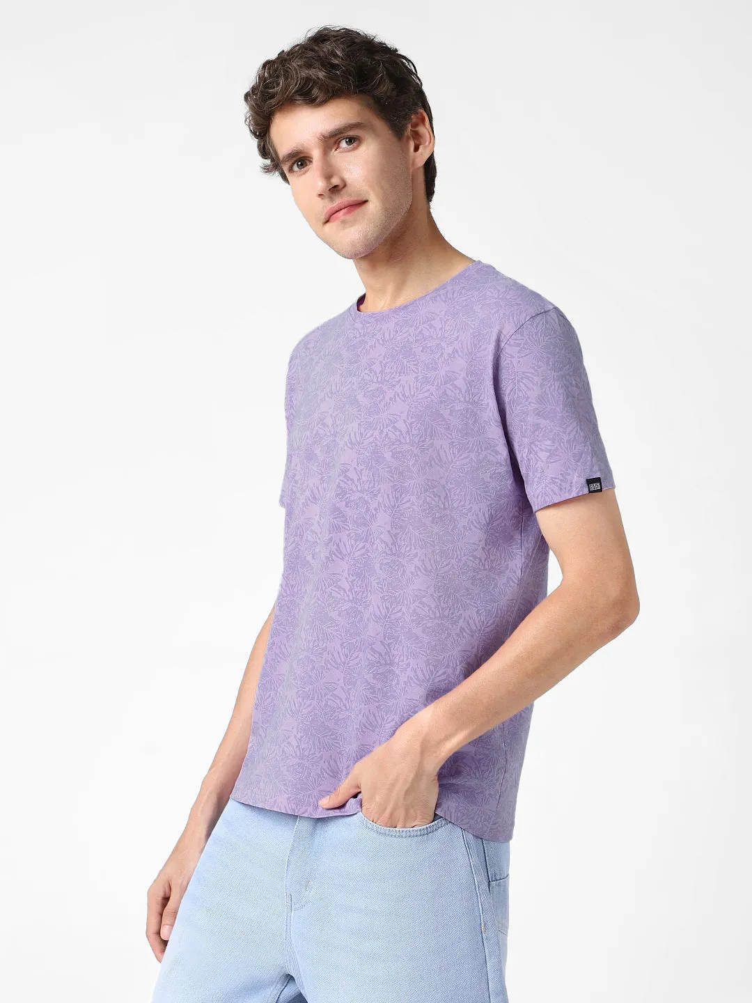 Men's Lilac Printed Half Sleeve Slim Fit Cotton T-Shirt