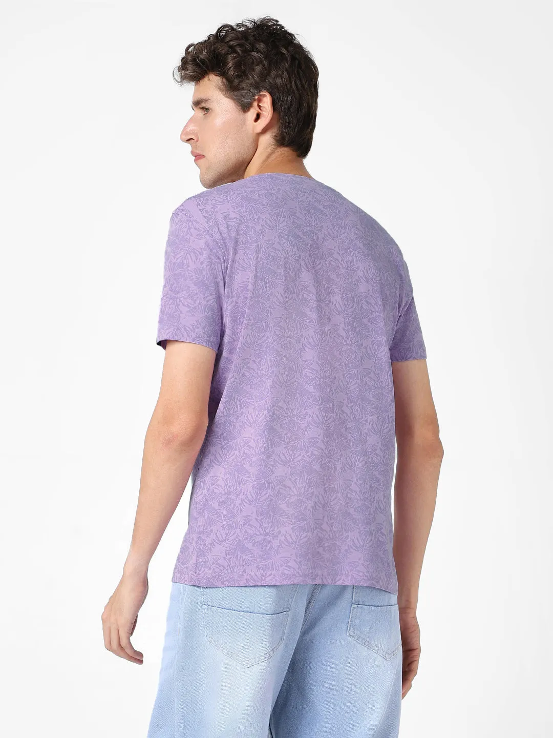 Men's Lilac Printed Half Sleeve Slim Fit Cotton T-Shirt