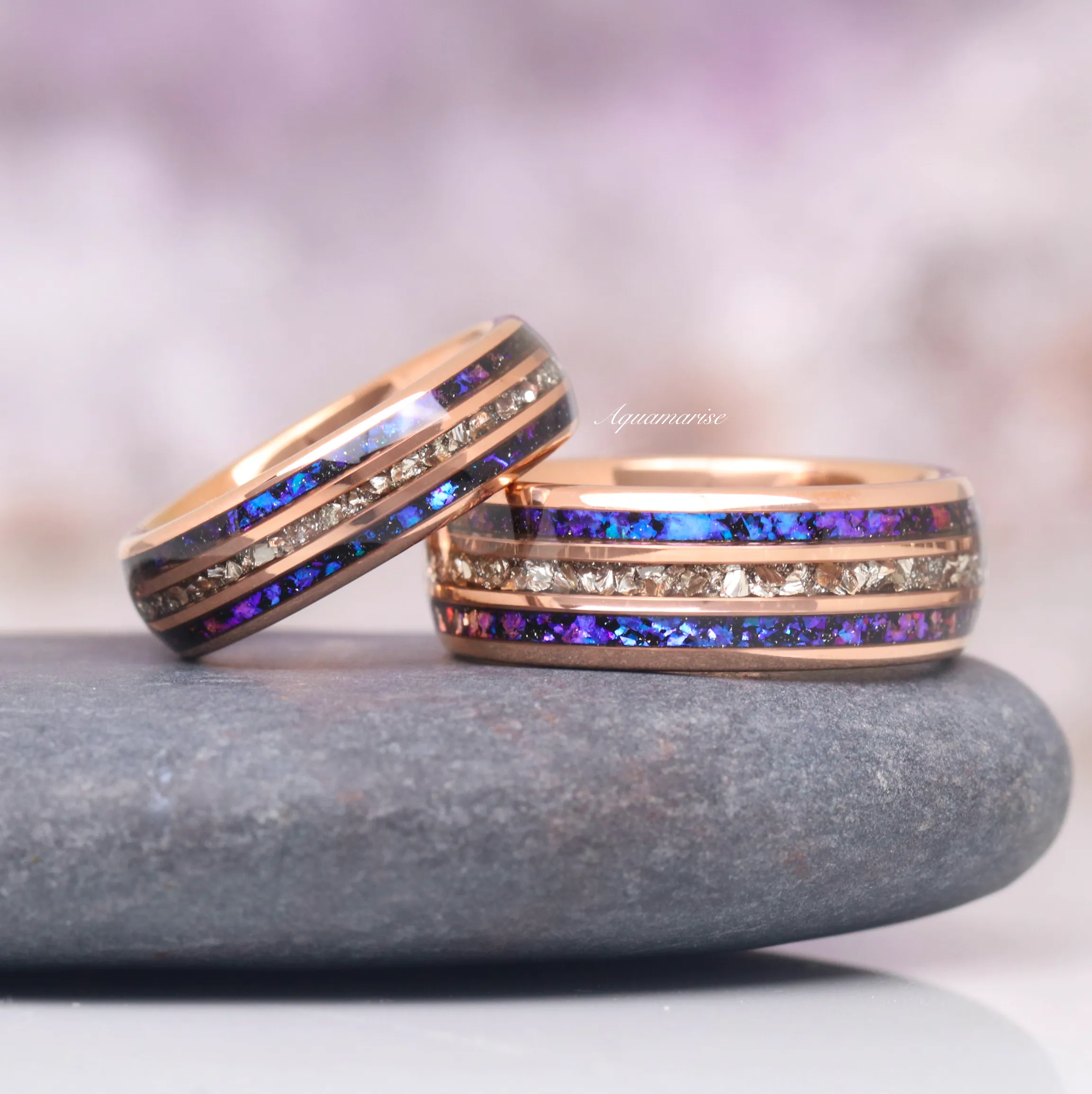 Orion Nebula & Crushed Diamond Wedding Band- 8MM  Rose Gold Tungsten