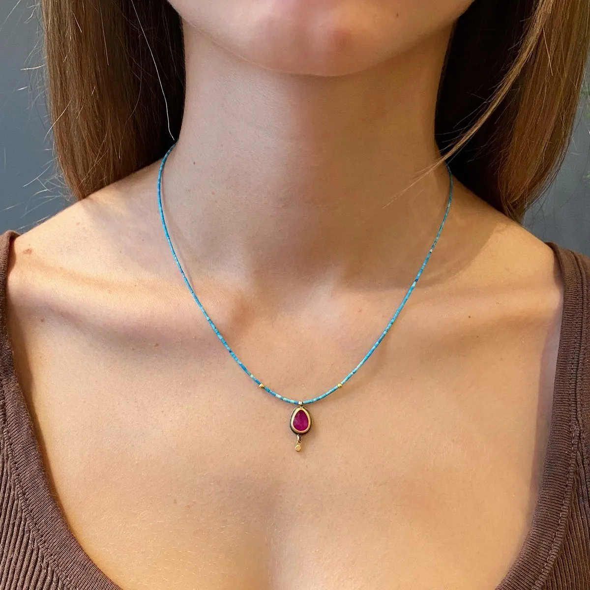 Ruby Teardrop and Turquoise Beaded Necklace