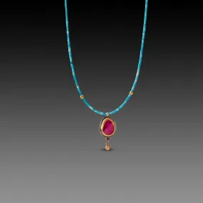 Ruby Teardrop and Turquoise Beaded Necklace