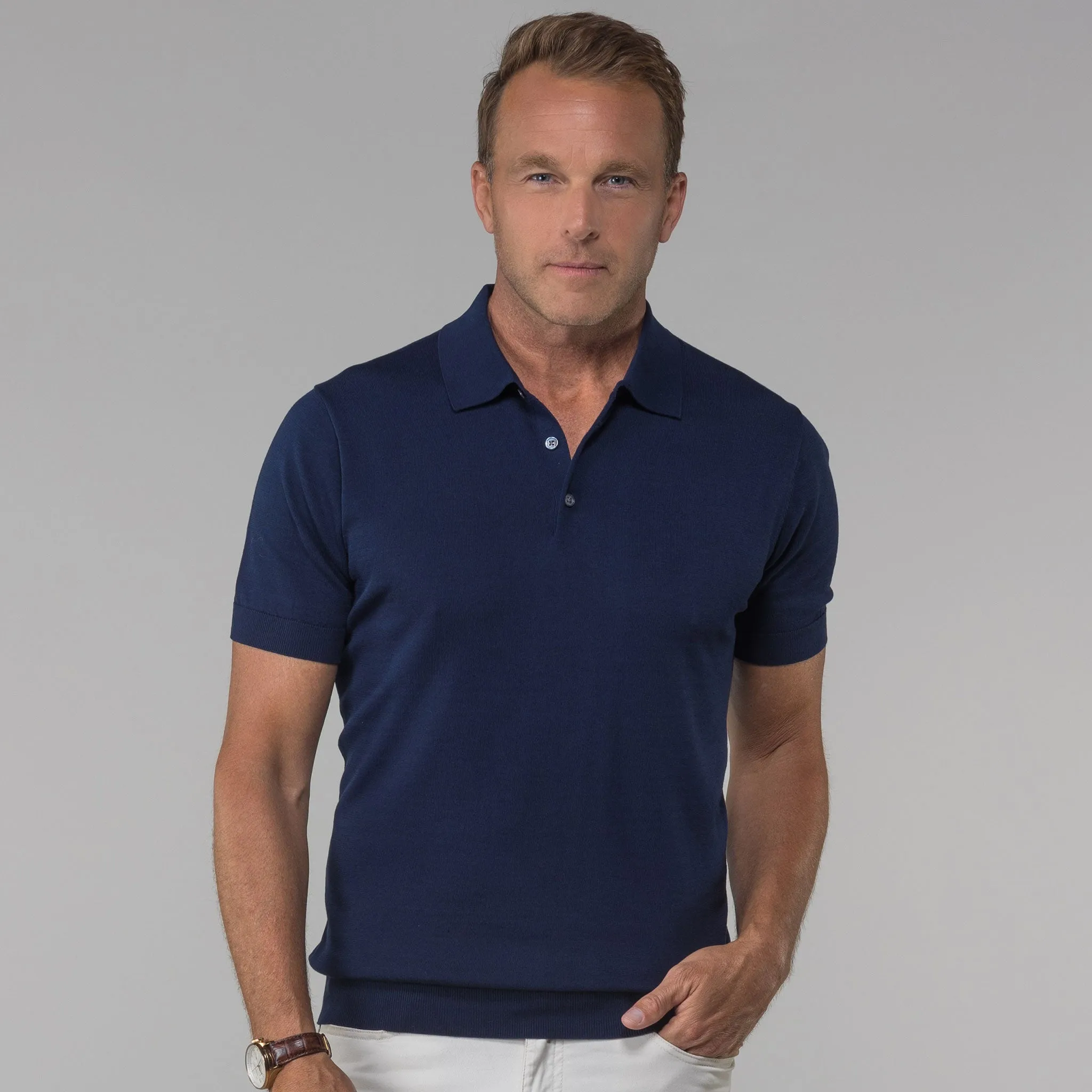 The Maranello Cotton & Silk Three Button Polo Navy - Tailored Fit