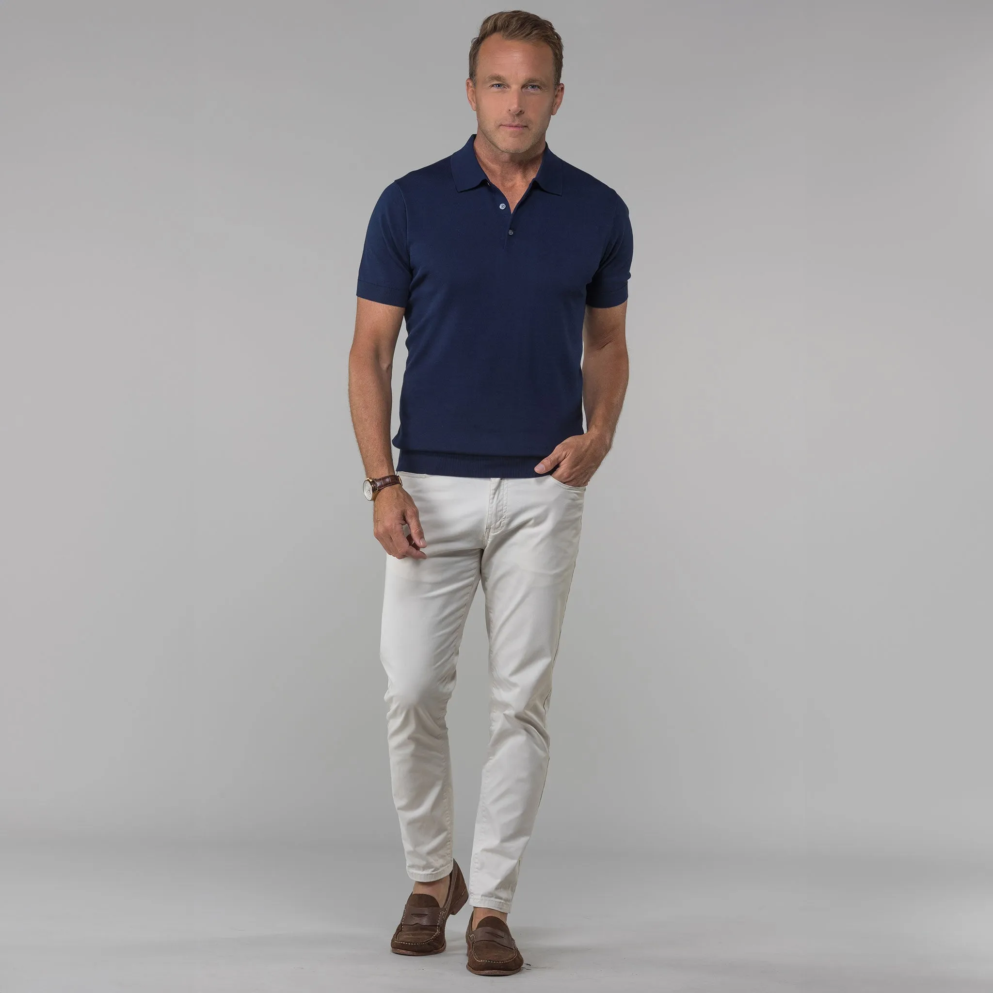 The Maranello Cotton & Silk Three Button Polo Navy - Tailored Fit