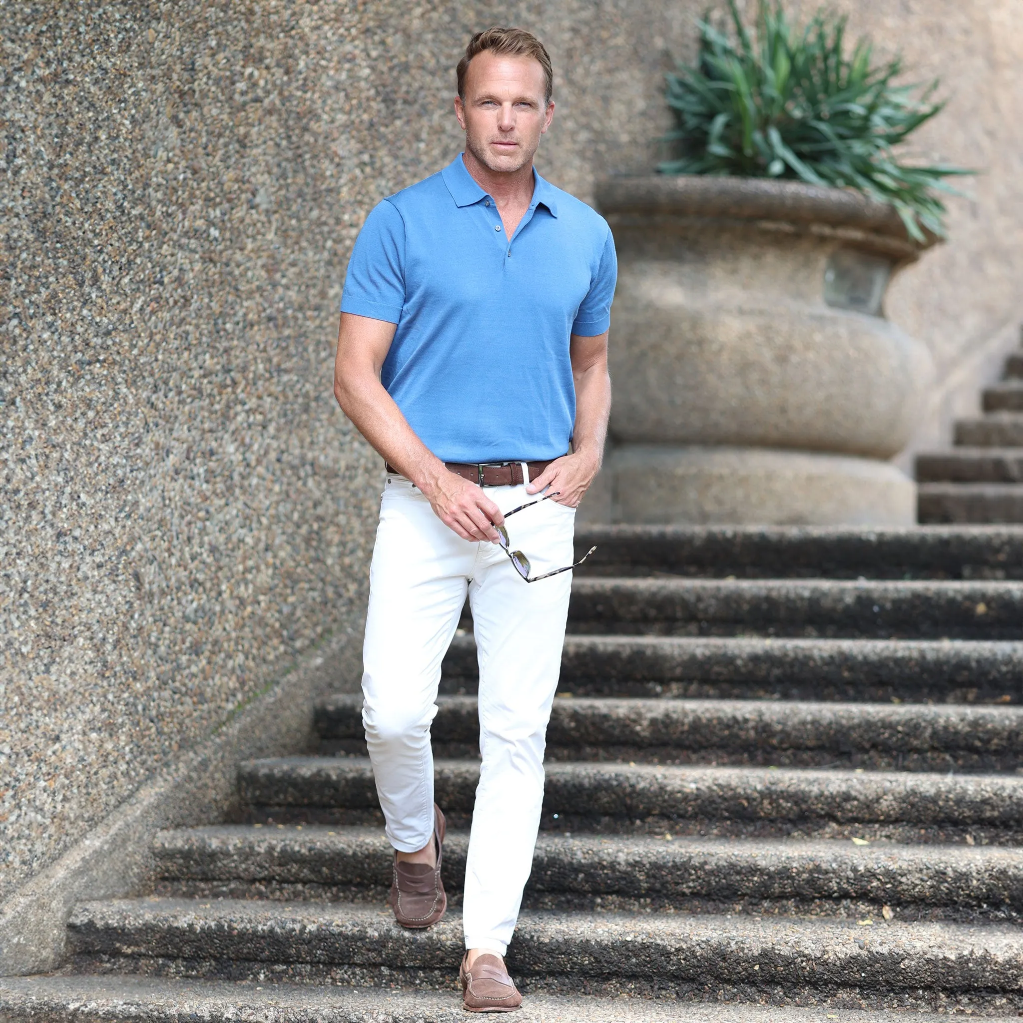 The Maranello Cotton & Silk Three Button Polo Steel Blue - Tailored Fit