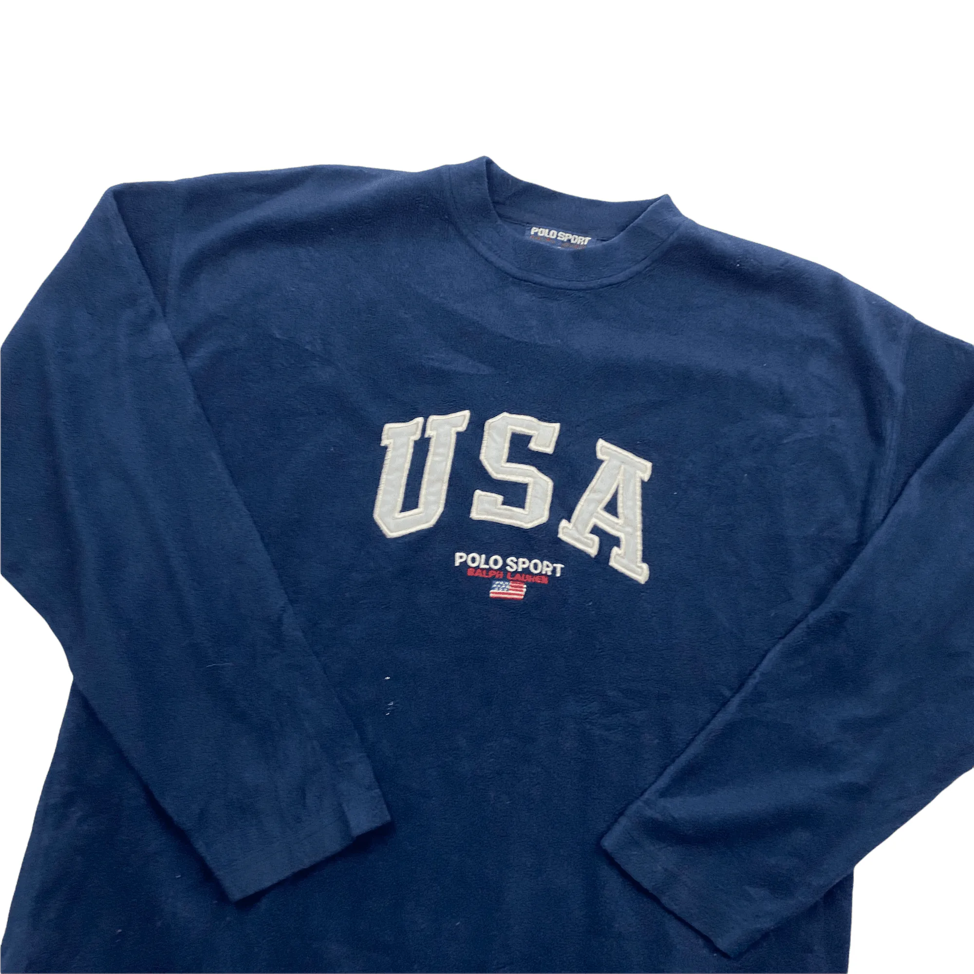 Vintage 90s Navy Blue Ralph Lauren Polo Sport USA Spell-Out Fleece Sweatshirt - Extra Large